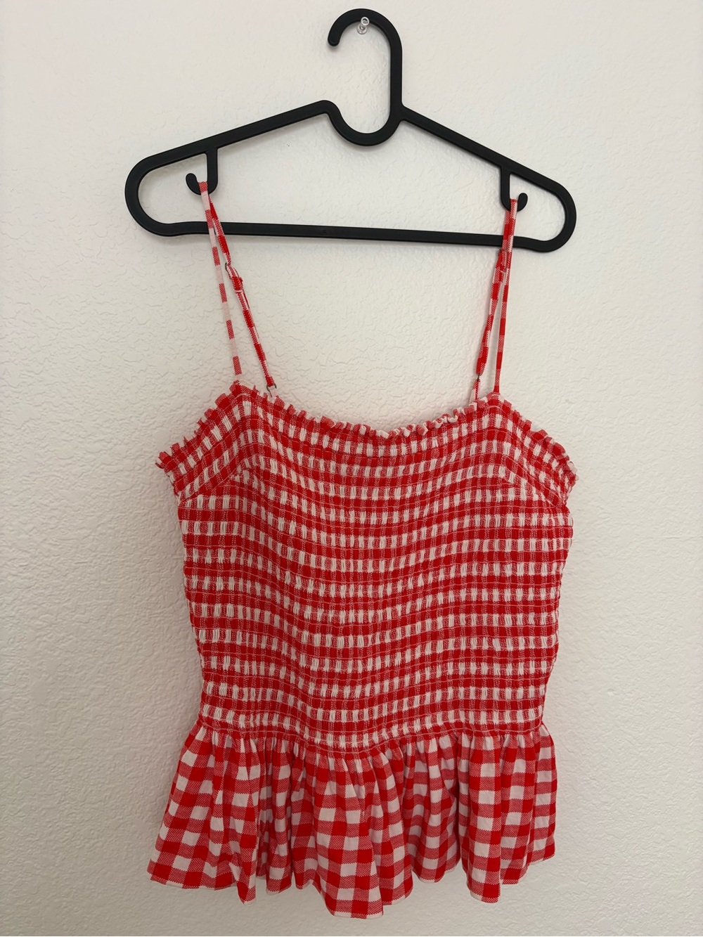 Free People Red and White Gingham Smocked Peplum Tank